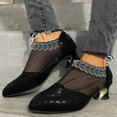 

Casual Shoes Women Ladies Sexy Strange Style Heel Mesh Pointed Toe Crystal Single Shoes