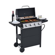 SDJPOI 4-Burner Propane Gas Grill Barbecue Grill, Stainless Steel Gas Grill with 34,000 BTU Output,Patio Garden Barbecue Grill with Two Shelves, Lid, Wheels and Bottle Opener