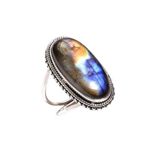 Natural Multi Fire Labradorite Gemstone 925 Sterling Silver Statement Ring for Men and Women