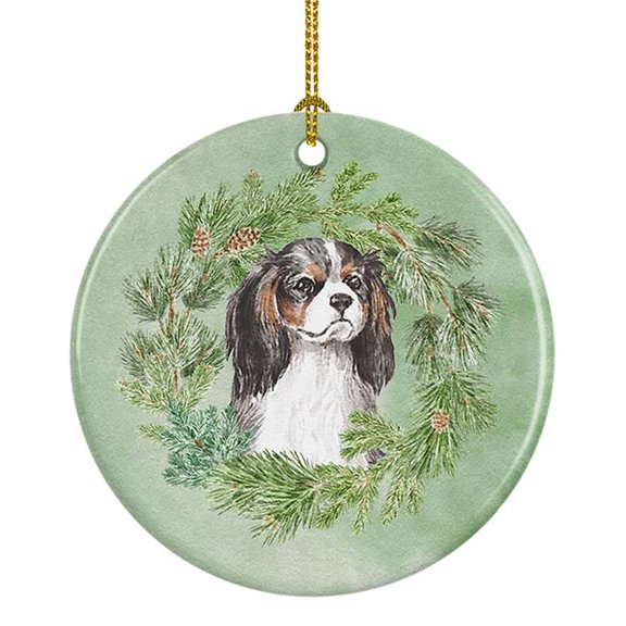 Cavalier Spaniel Tricolor Christmas Wreath Ceramic Ornament 2.8 in x 2.8 in
