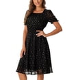 thumbnail image 1 of Vestido de Cuello Cuadrado INSPIRE CHIC para Mujeres, Vestido Midi A-Line de Manga Corta con Estrellas Metálicas, Cintura Elástica, Color Negro, 1 of 6