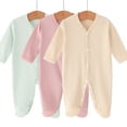 thumbnail image 2 of Fengactive Infant Baby Boys Girls 3 PCS Spring Summer Ribbed Footed Jumpsuit V Neck Full Snap Long Sleeve Soft Stretchy Newborn Sleep Romper Set, 2 of 5