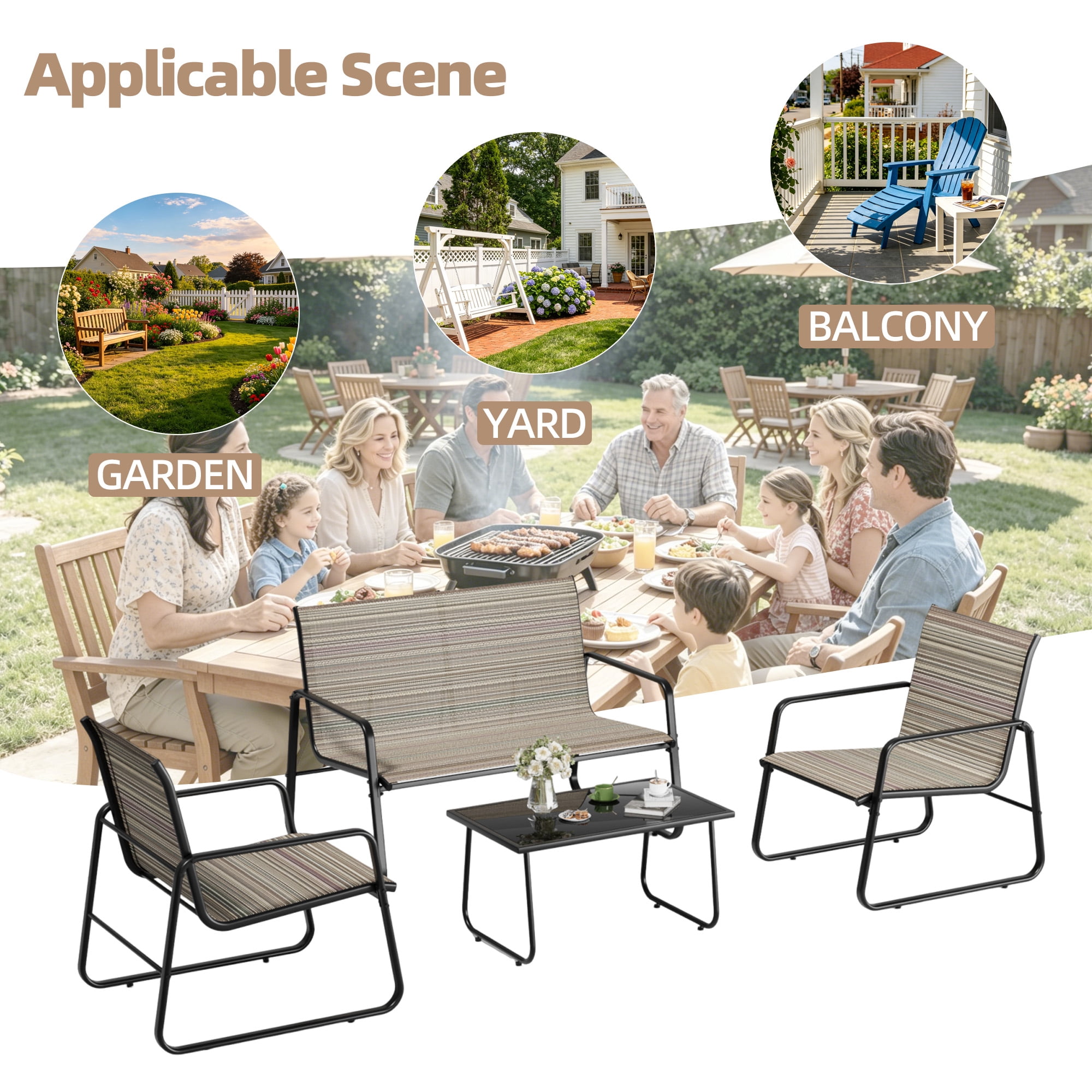 ALAULM 4 Pieces Outdoor Furniture Set All Weather Textile Fabric Patio Conversation Set w/Coffee Table, Loveseat, 2 Single Chairs for Patio, Yard, Garden, Lawn(Brown)
