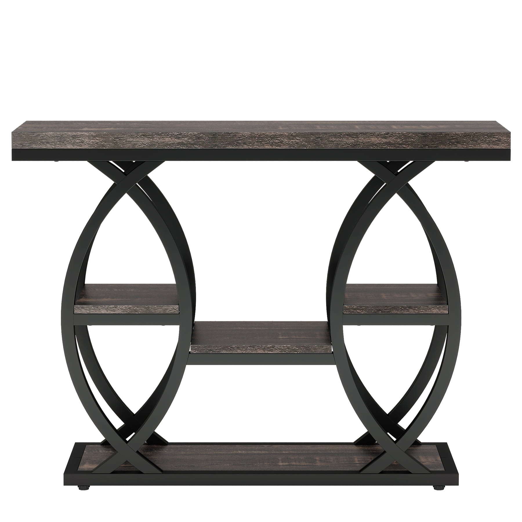 Fnova 39.4" Industrial Console Table, 4-Tier Retro Staggered Storage Shelves, Narrow Wood Accent Table with Metal Frame, for Small Spaces, Entryway, Sofa, Hallway