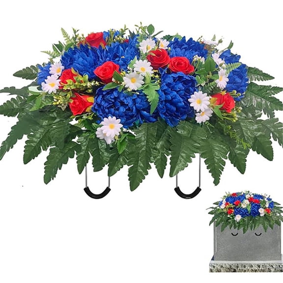 Cemetery Tombstone Flower Saddle,54"x28" Large Artificial Cemetery Flowers for Grave Saddle,Cemetery Memorial Flowers for Independence Day Outdoor Grave Decorations(Blue)