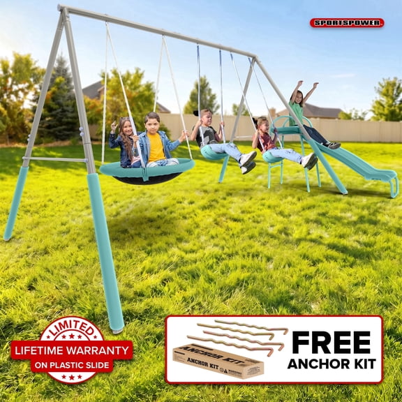 Sportspower Super Saucer Metal Swing Set with 2 Swings, Saucer Swing, & 5' Double Wall Slide with Lifetime Warranty