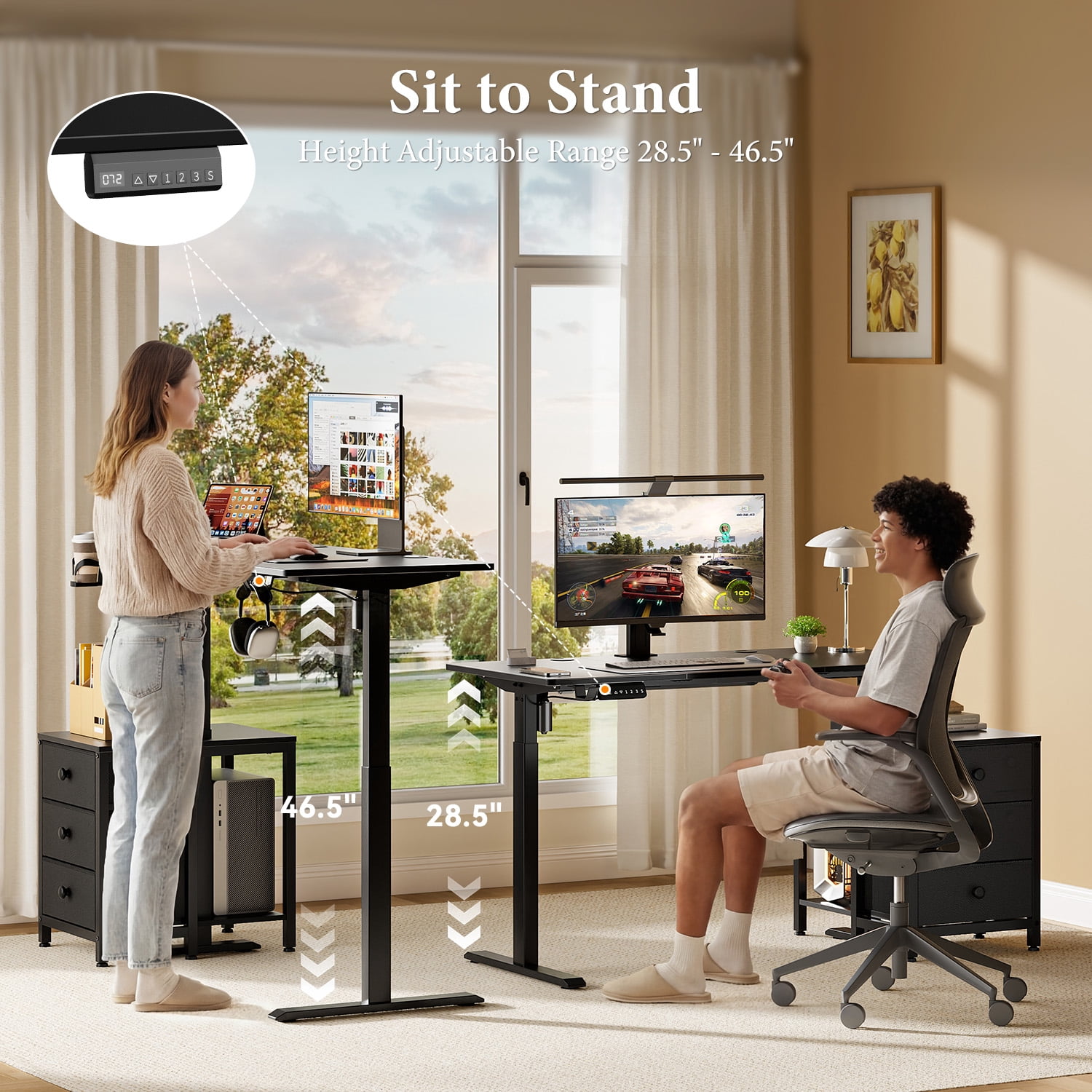 GUNAITO 47.2" Electric Standing Desk with 3-Drawer Cabinet, Adjustable Height Desk with Memory Panel, Office & Gaming Desk，Black