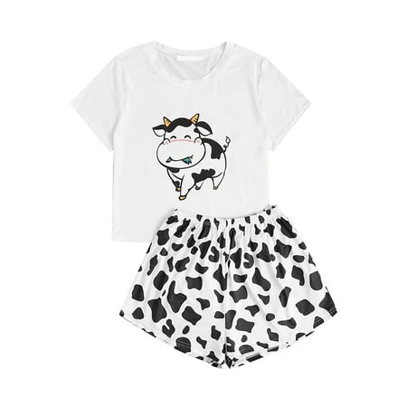 

Shiusina Pajamas For Women Fashion Sexy Sleepwear Cow Printed Temptation Tops Suit Nightdress Cool Black