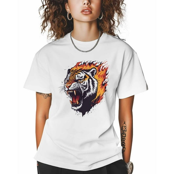 T Shirts for Women Short Sleeve Cotton Crewneck T-Shirt, Tiger Flame Fierce Animal Tee Tops Casual Basic T-Shirts, XS-5XL White S