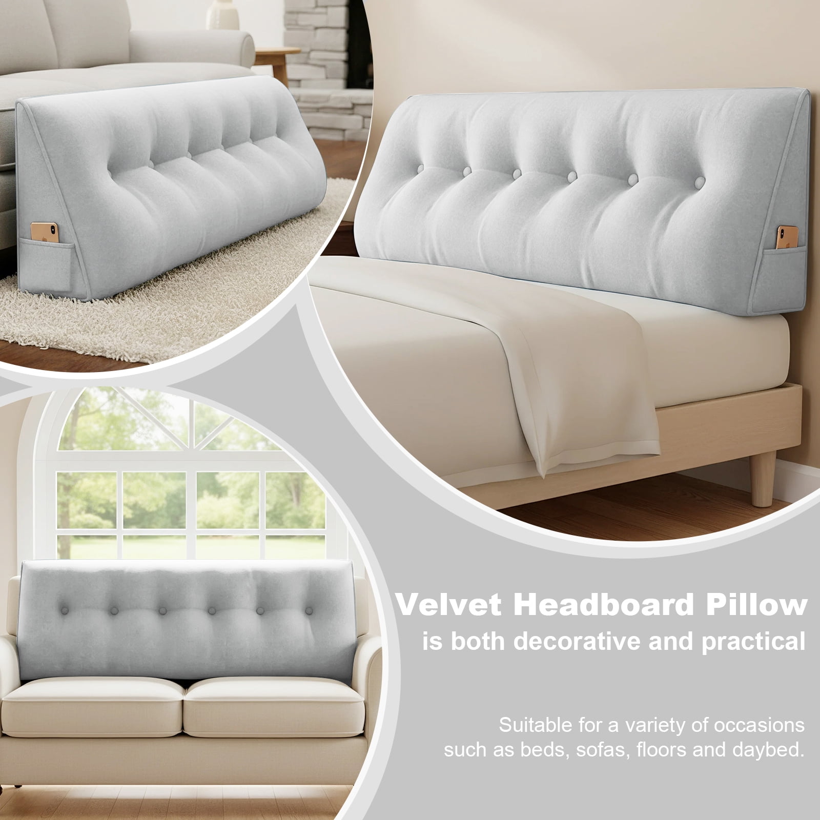 ANMINY Soft Fleece Headboard Pillow - High Elastic Pearl Cotton Filling, Removable Cover, Side Pocket, Ideal for Bed & Sofa Back Support