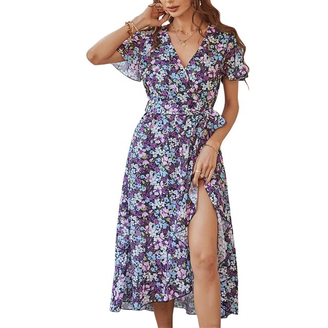 VISgogo Vestido sin mangas para mujer con cinturón ajustable, estampado floral, decoración de volantes, ropa de verano dividida VISgogo moda