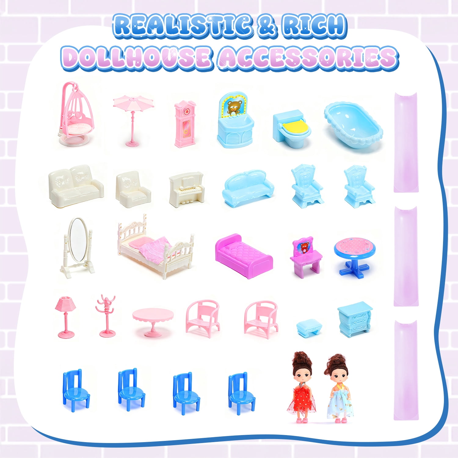 JoyStone Play Dollhouse with Doll Toy Figures, 14 Rooms Furniture and Colorful Lights, Creative Doll House Gift for Girls Ages 3+, Assemble Required, Purple