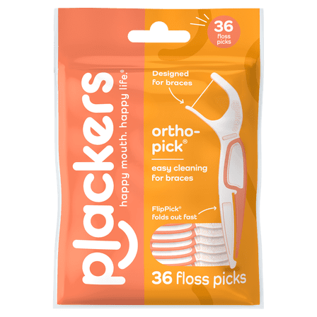 Plackers Orthopick Floss Picks, Unflavored, Designed for Braces, Fold-Out FlipPick, Tuffloss, Easy Storage with Sure-Zip Seal, 36 Count