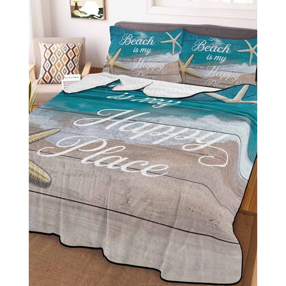 Turquoise Beach Summer King Size Down Alternative Comforter, Lightweight Comforter Quilt Bedding Set with Pillow Shams Starfish Coastal Gradient All Seasons Bed Comforter Duvet Insert 96"x106"