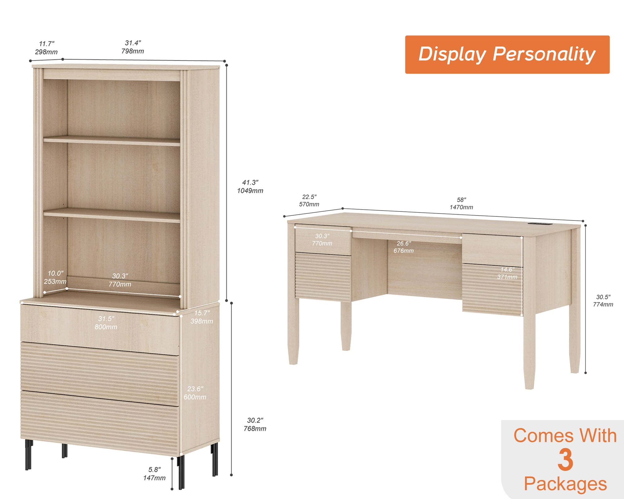 WAMPAT 2 Piece Home Office Furniture Set, 58" Writing Desk with 71.5" T Bookcase, Bookcase with 3 Drawers, Adjustable Shelves, Modern Fluted Wood Office Furniture for Home Office, Study Room, Bedroom
