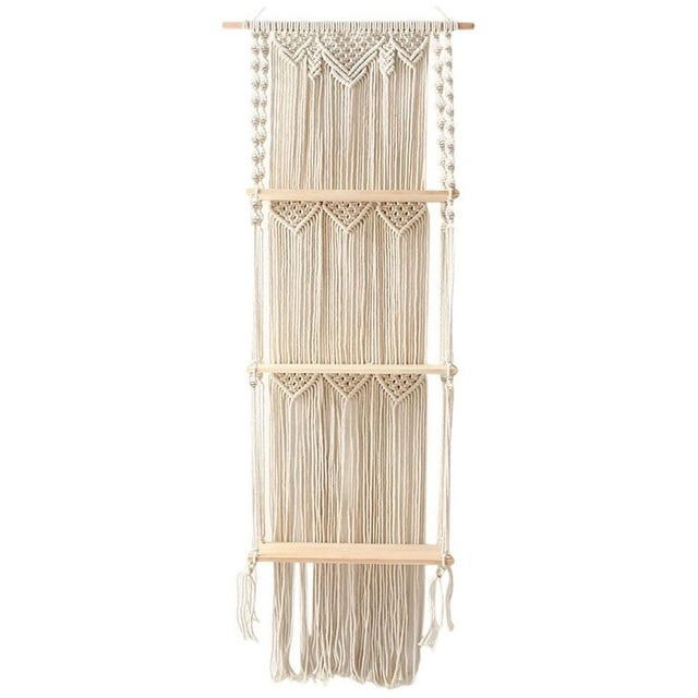 3 Tier Boho Wooden Shelf Hanging Rope Shelf Handmade Solid Wood Floating Shelves