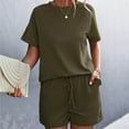 thumbnail image 2 of REORIAFEE Womens Summer Outfits 2023 Workout Sets Women's Spring Summer Round Neck Ruffle Short Sleeve Shorts Casual Suit Army Green L, 2 of 5