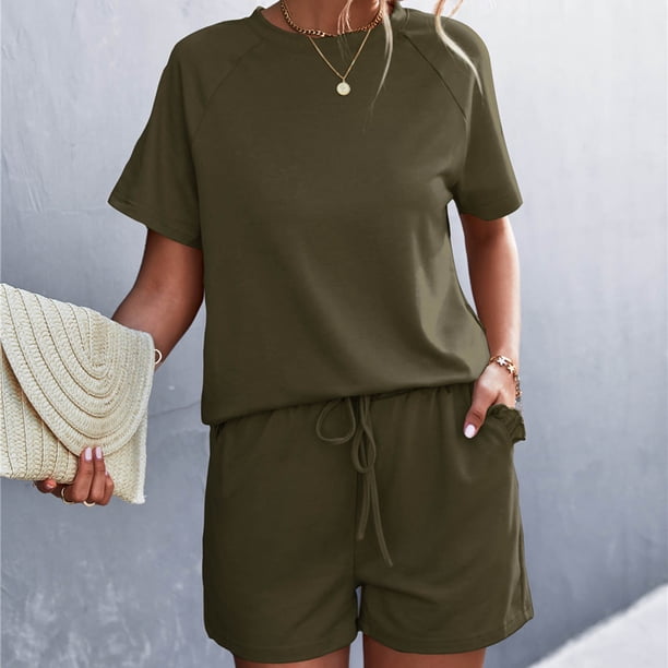 ICHUANYI Clearance Women's Spring And Summer Plain Round Neck Ruffle Short Sleeve Shorts Casual Suit ICHUANYI "ICHUANYI"