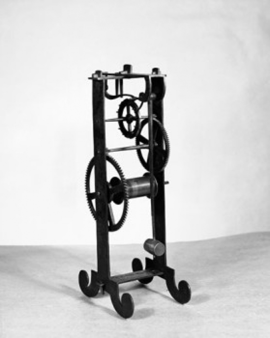 Model of a pendulum clock designed by Galileo in 1642 and made by his