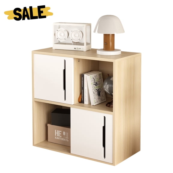 GZXS Modern Wooden Storage Cabinet with 2 Sliding Doors, Open and Closed 2-Tier Shelves, Natural Wood Frame with White Panels, 23.62"Compact Cube Organizer for Living Room, Bedroom, Small Space
