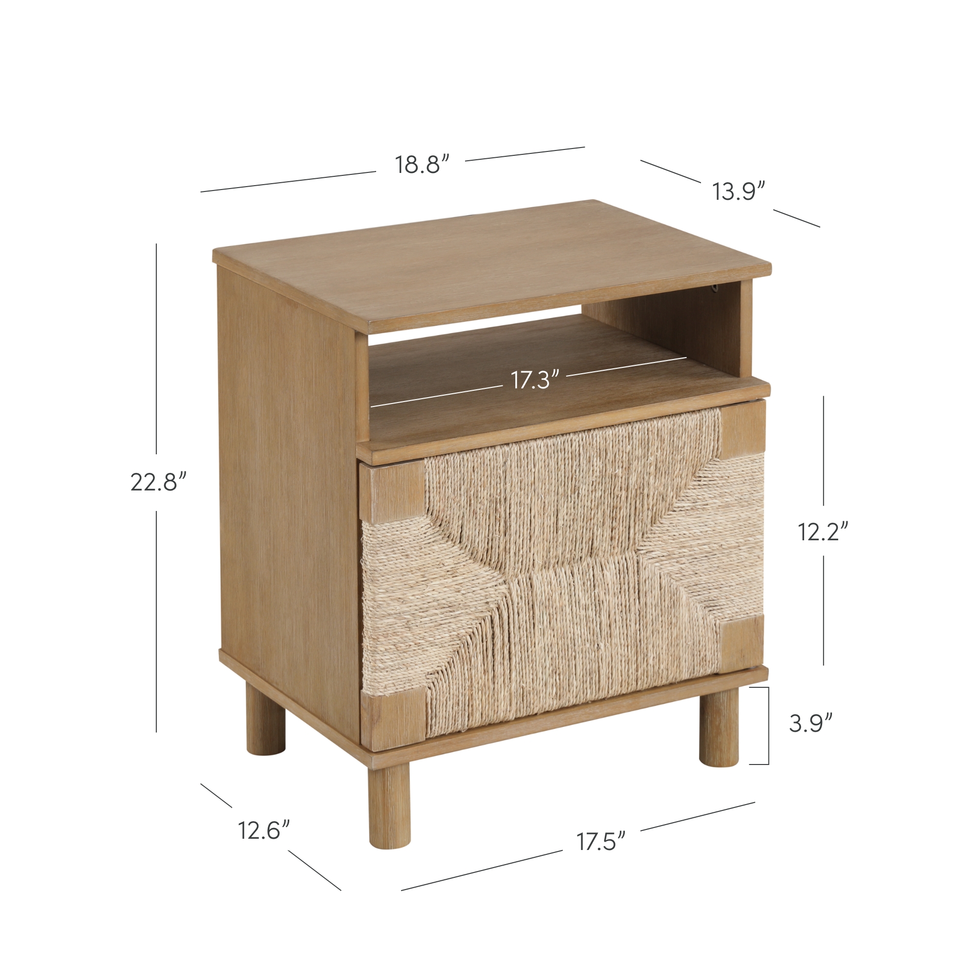 Nathan James Beacon Wood Nightstand, Bohemian Accent Table or Sofa Side Table with Seagrass Door for Bedroom or Living Room, Light Brown