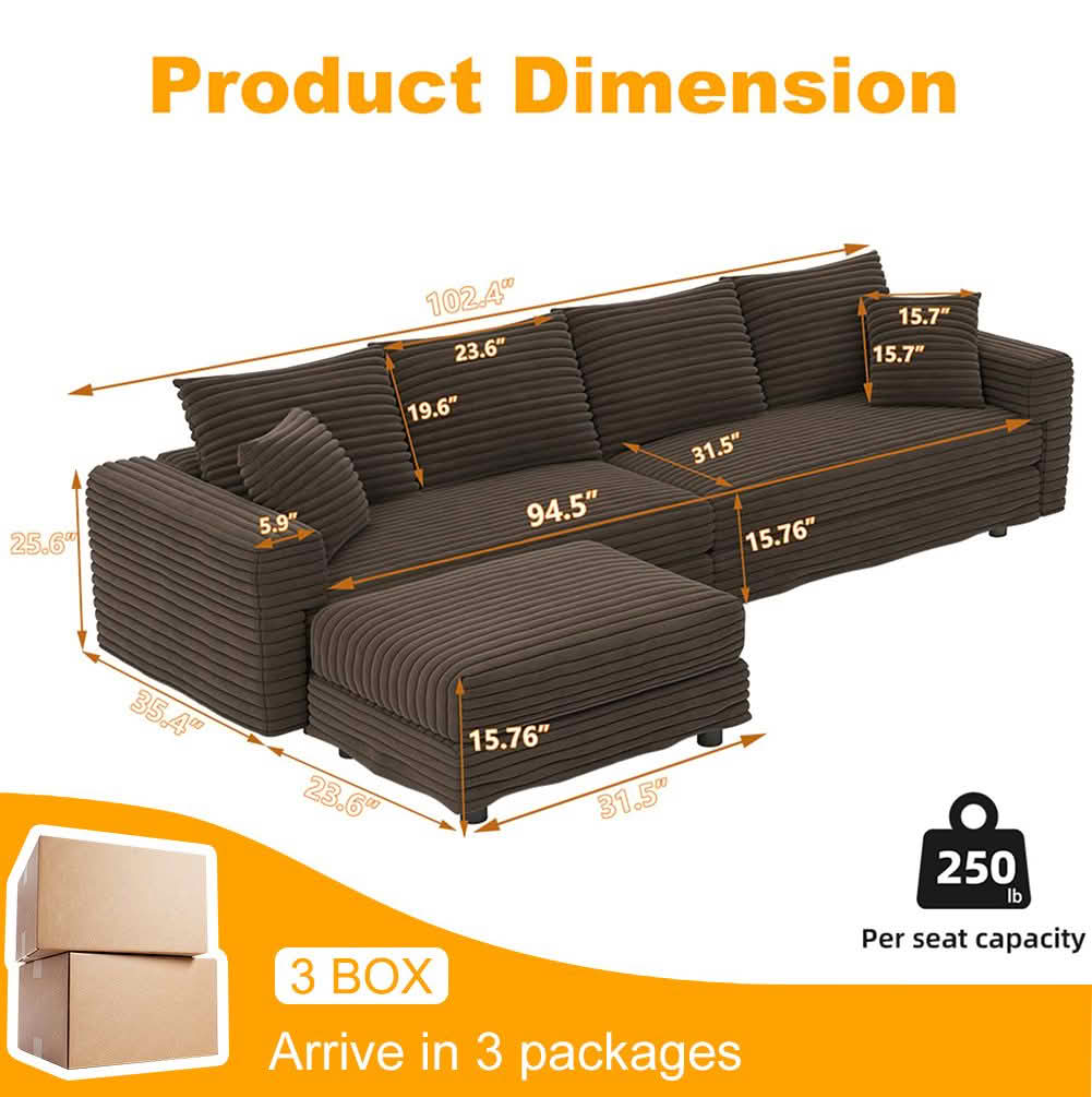 MAYEERTY 102.4" Plush Corduroy 4-Seat Cloud Sofa, Modern Comfy Upholstered Deep Seat Couch with Soft Pillows & Movable Ottoman, Convertible Sofa Lounge Chair for Living Room