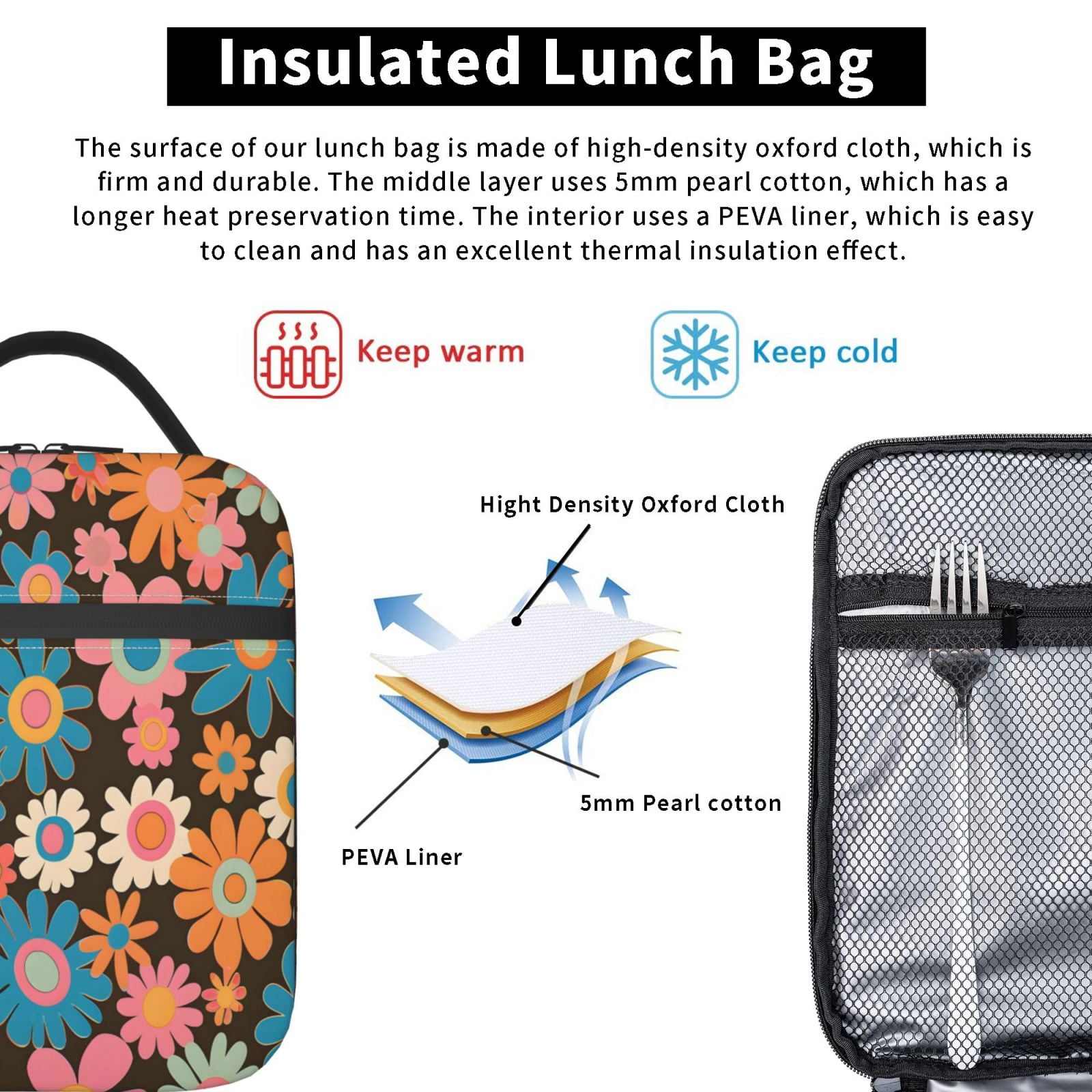 Lunch Bag For Women Men Insulated Portable Lunch Box Bento Box Office Picnic Travel Cooler Bag Retro Groovy Flowers Pattern (6)