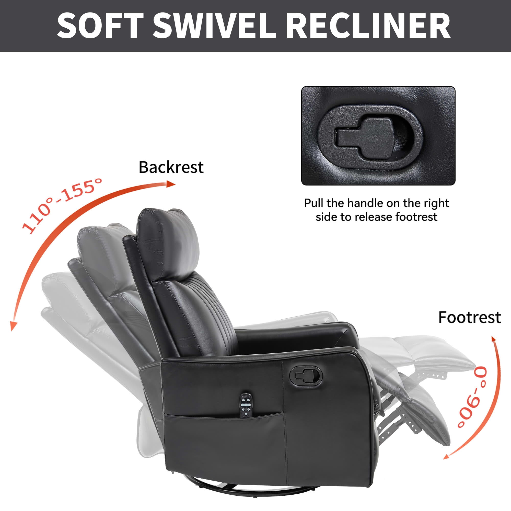 MAYEERTY Faux Leather Heat Massage Recliner Chair, 360° Swivel Rocker 26"x35"x39" for Living Room, White