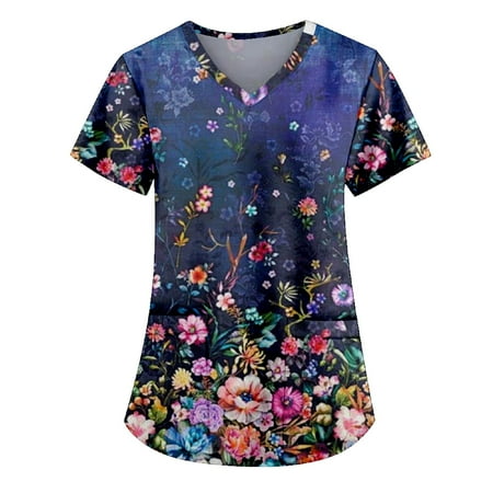 

Mlqidk Scrub Tops for Women Floral Printed Short Sleeve Nurse Working Uniform Summer V Neck Holiday Tunic Blouse with Pocket Pink S