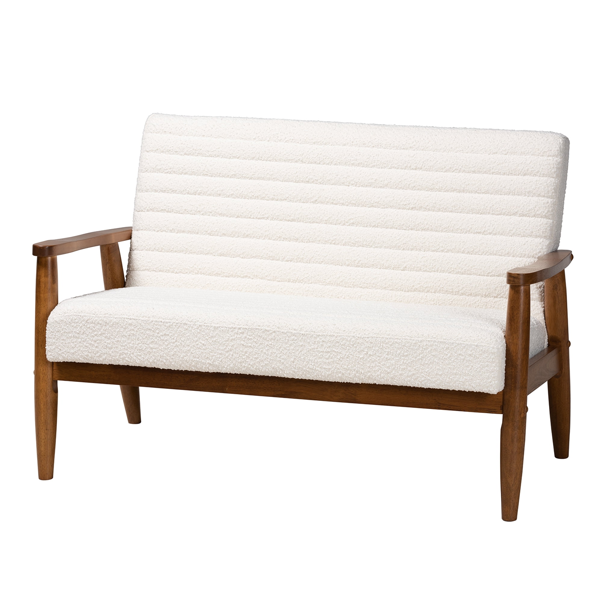 Baxton Studio Stratton Mid-Century Modern Cream Boucle Fabric and Walnut Brown Finished Wood Loveseat