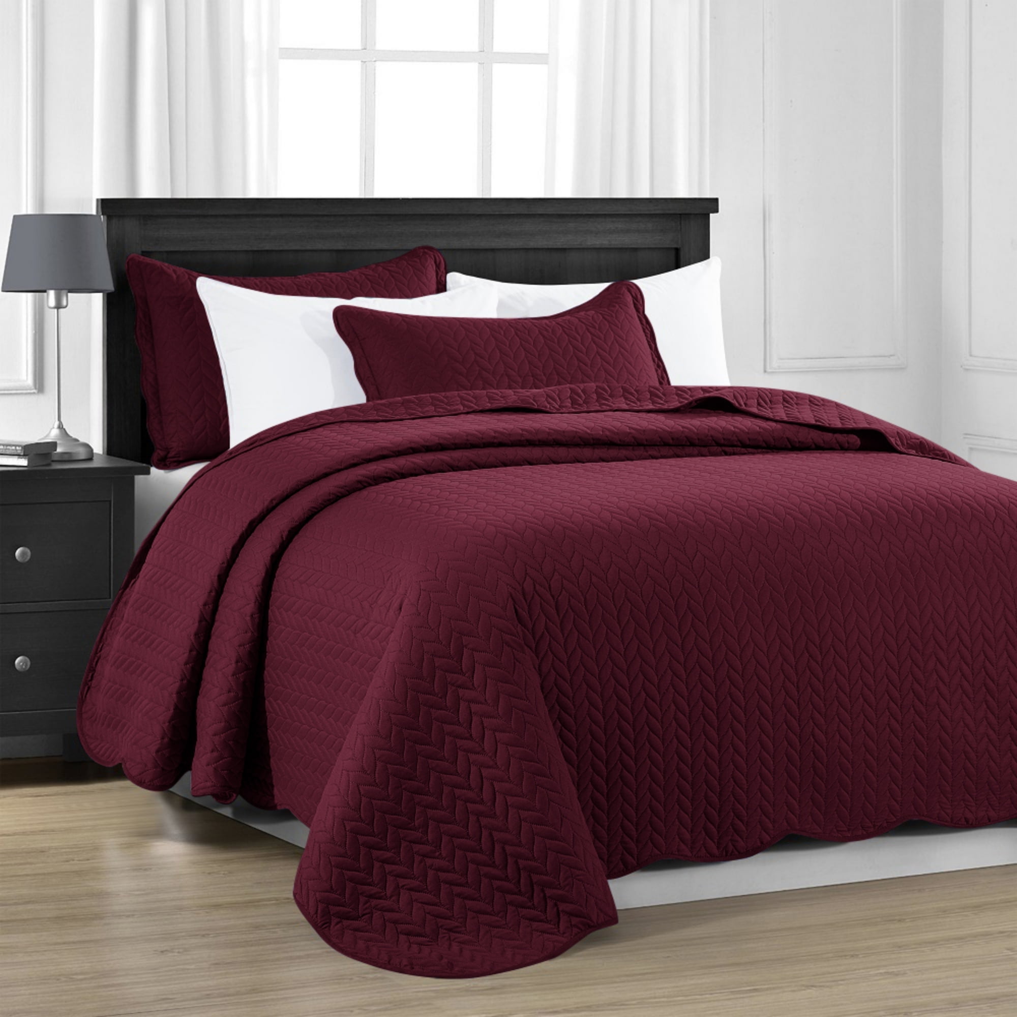 Imperial Rooms 2 Piece Quilt Set Soft Microfiber Chevron Pattern Bedspread & Coverlet with 1 Sham Reversible Burgundy Twin
