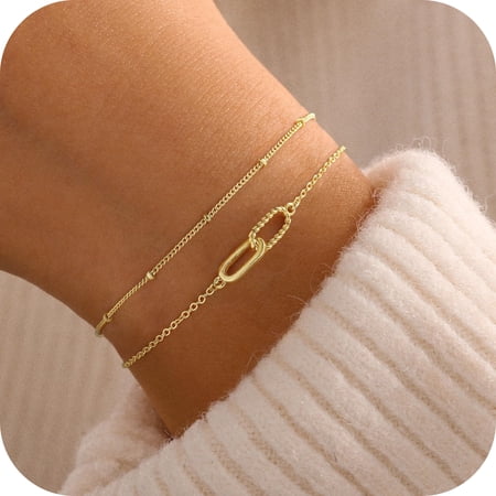 Turandoss Gold Bracelets for Women Dainty 14K Gold Plated Interlocking Layered Interlock Circles Delicate Minimalist Twisted Interlock Jewelry Trendy Birthday Valentine's Day Gifts for Women