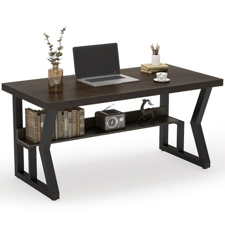 Vintage Writing Desk Tribesigns 55 Inches Rustic Solid Wood Computer Desk with Bookshelf, Vintage Industrial Home Office Desk Writing Table with Black Metal Legs (Espresso/Dark Brown) ()