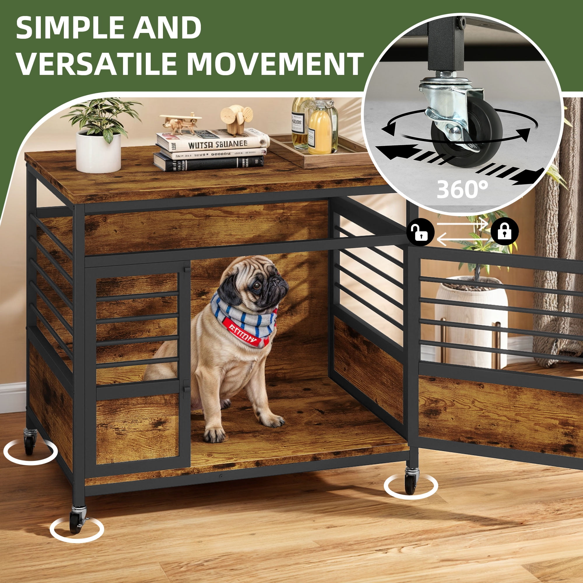 Uforic 32 Inch Dog Crate Furniture with Wheels,Wooden Dog Kennel for Dogs - Rustic Brown