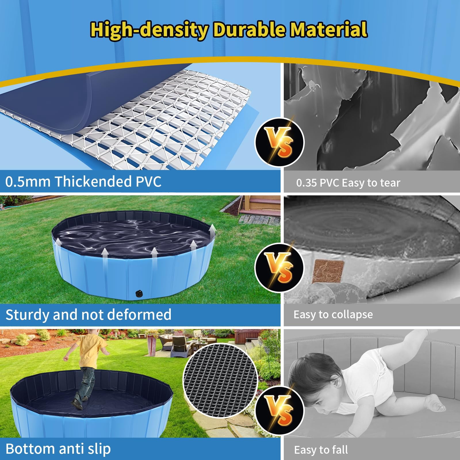 Foldable Dog Pool for Large Dogs & Kids, Collapsible Hard Plastic Kiddie Pool Non-Slip Pet Bath Tub for Outdoor Backyard, Blue