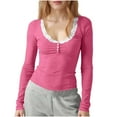thumbnail image 2 of Htigea Women V Neck Lace Long Sleeve Shirts Basic Fitted Double Lined Going Out Y2K Trendy Fall Tops Hot Pink M, 2 of 7