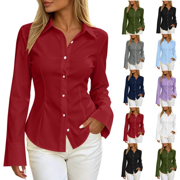 Bixock Button Down Shirt for Women Collared Business Blouse Long Sleeve Shirts Loose Casual Tunic Tops for Work Office Daily Wear