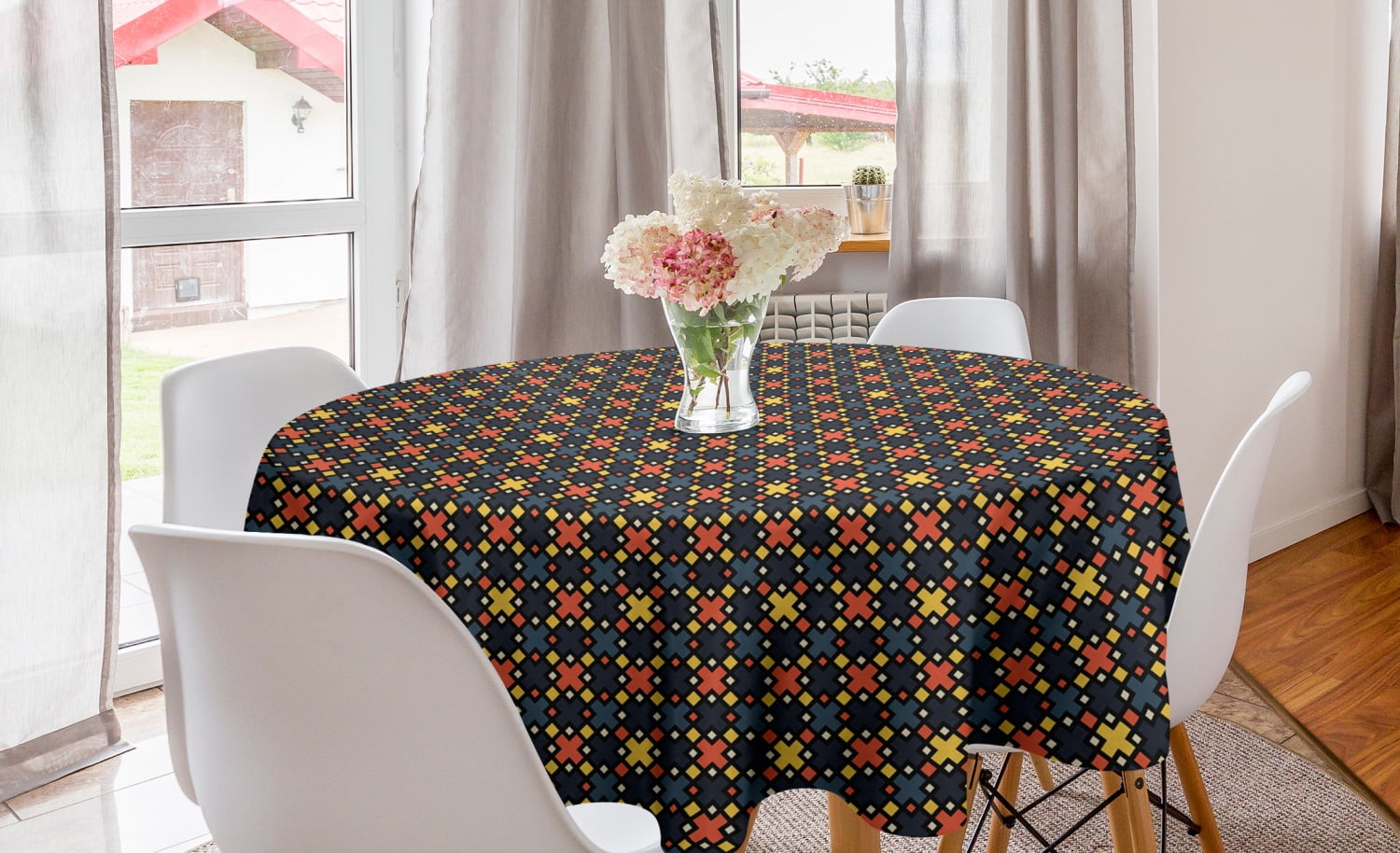 Abstract Round Tablecloth, Geometric Trippy Forms in Funky Tones
