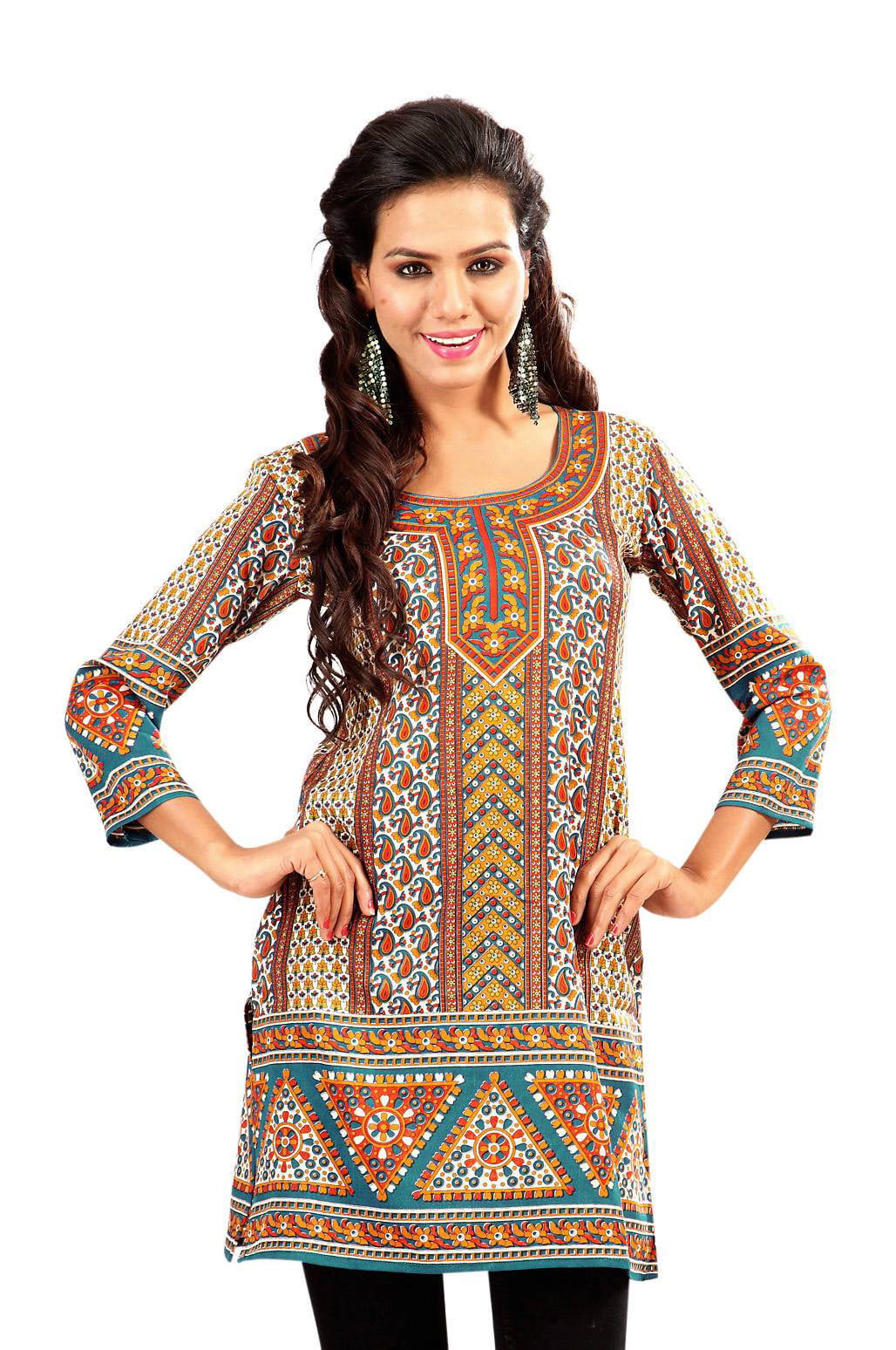 Brown 3/4 sleeve Indian Printed Kurti Tunic Women Kurta-X-Large ...