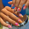 thumbnail image 1 of Medium Almond Press on Pink False Nails with Rainbow Swirls Flower Pattern Designs - French Tips, Summer Acrylic Stick on Nails Artificial Glue on - 24 Pcs, 1 of 6