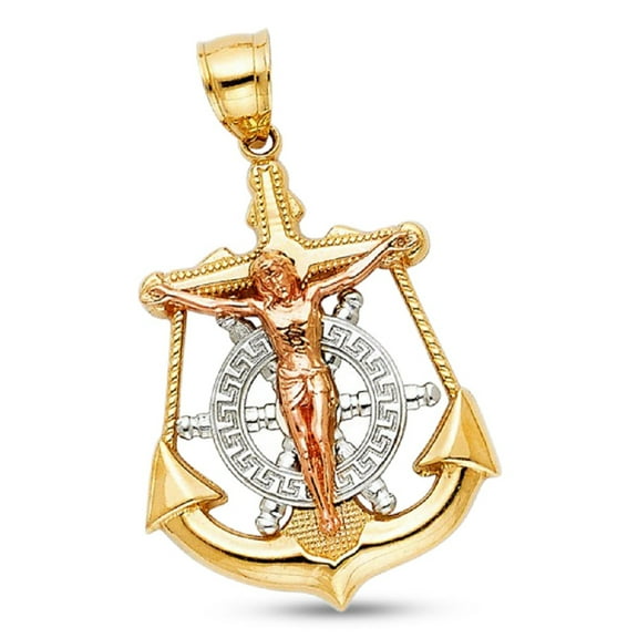 Jesus Christ Anchor Crucifix Charm Pendant Solid 14k Yellow White Rose Gold Genuine Religious Cross Tri Color 32 mm x 22 mm
