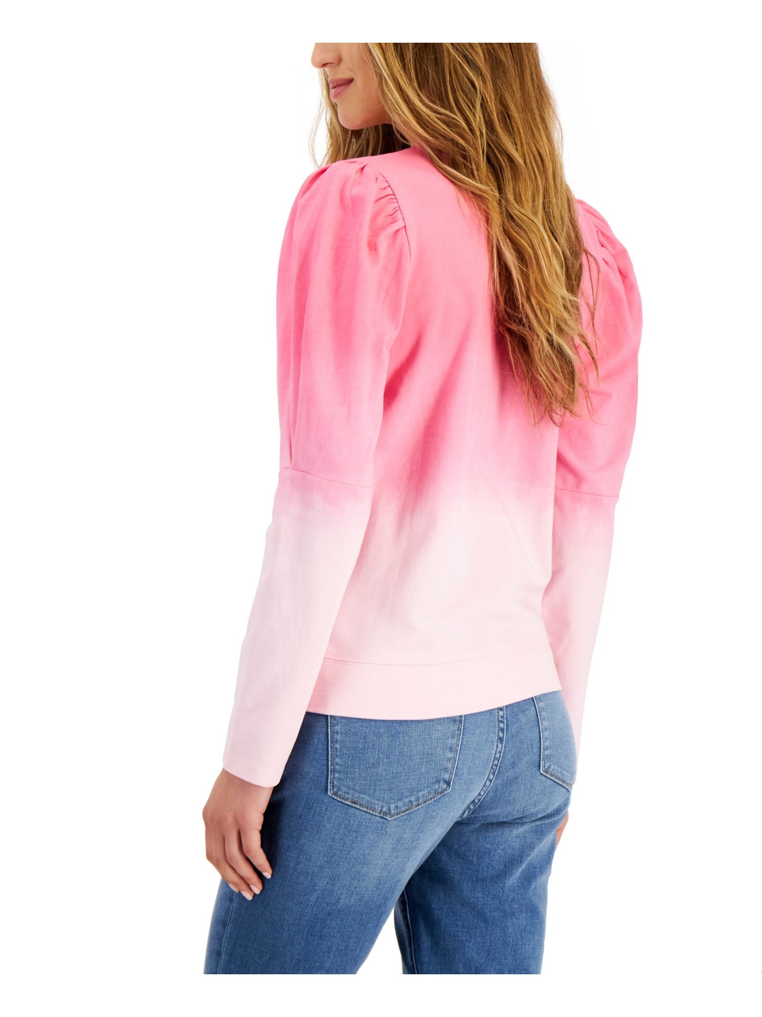Gathered Ombre Pink Top HILFIGER S Neck Sleeve Ribbed Womens TOMMY Long V