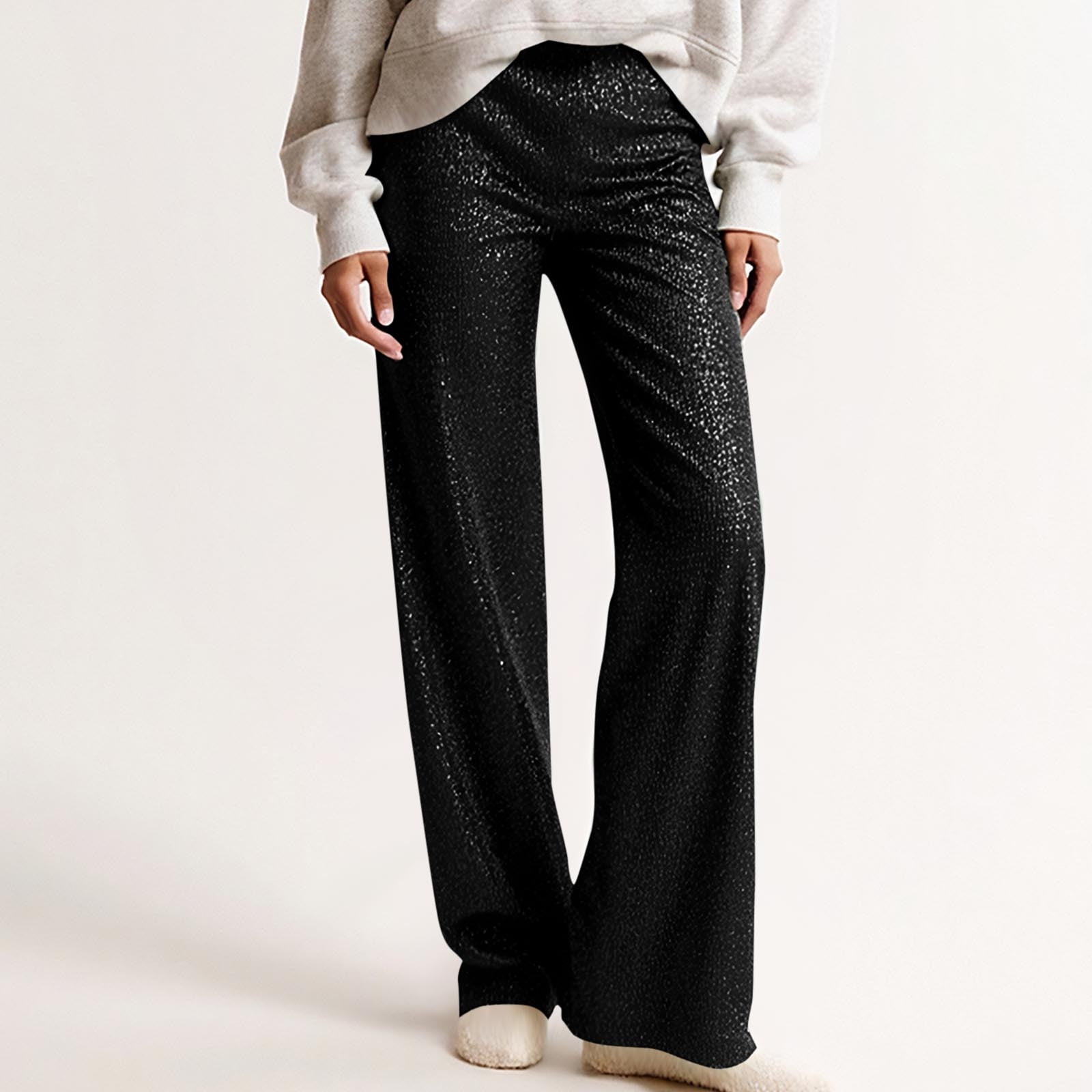 Viikei Womens Pants Plus Size,Women Sequin Wide Leg Pants Loose Casual Sparkly Tightness Looseness Waist Button Wide Legs Full Length Pants Black XXXL