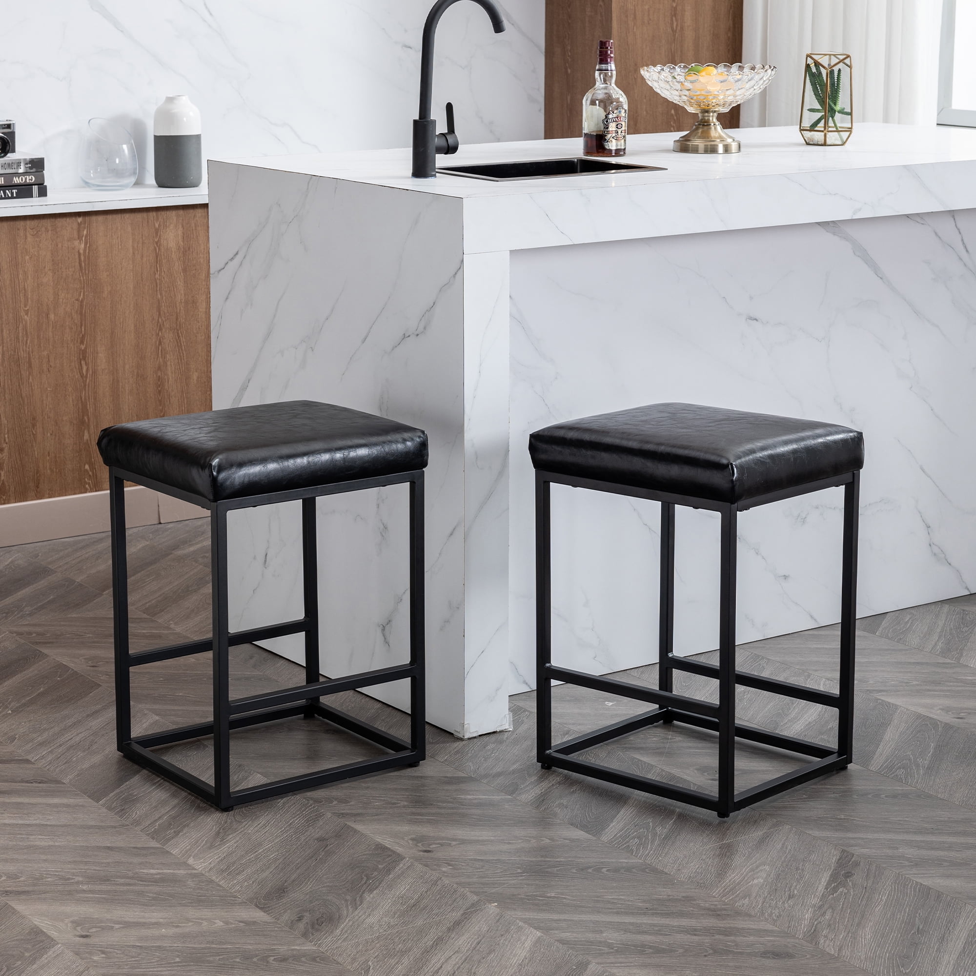 24" Backless Counter Height Bar Stools Set of 2, Black Waterproof Pu