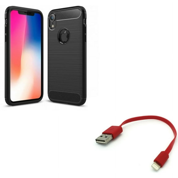 Short USB Cable w Case for iPhone XR - Charger Cord Power Wire Fast Charge, Carbon Fiber Slim Fit Cover Reinforced Bumper Shock Absorbent Compatible With iPhone XR