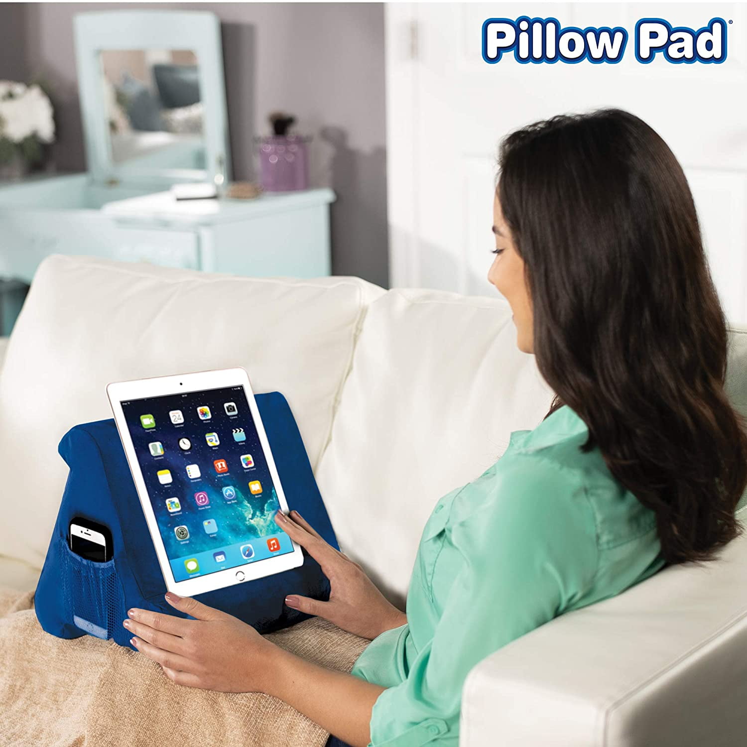 Pillow Tablet Stand Multi-Angle Soft Tablet Stand Holder Storage Pocket Docket for Bed Smartphones E-Readers Books Children 