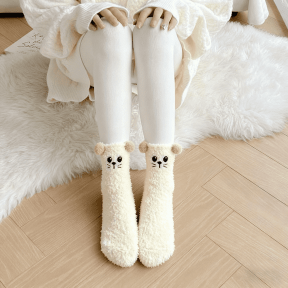 Women's Coral Fleece Non-Shedding Floor Socks, 3D Kitten Pattern Mid-Calf Socks for Autumn and Winter, Thickened Plush Sleeping Socks, Cartoon Design Cozy House Socks - Beige