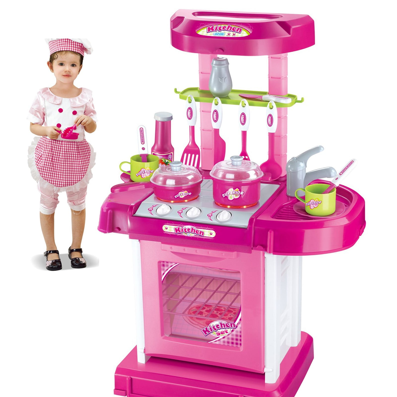Vokodo Deluxe Toy Kitchen Playset 2 Feet Tall With Pots Oven Stove Sink Appliances Lights And Sounds Kids Pretend Play Cook Chef Early Learning Educational Great Gift For Preschool Children Girls Boys