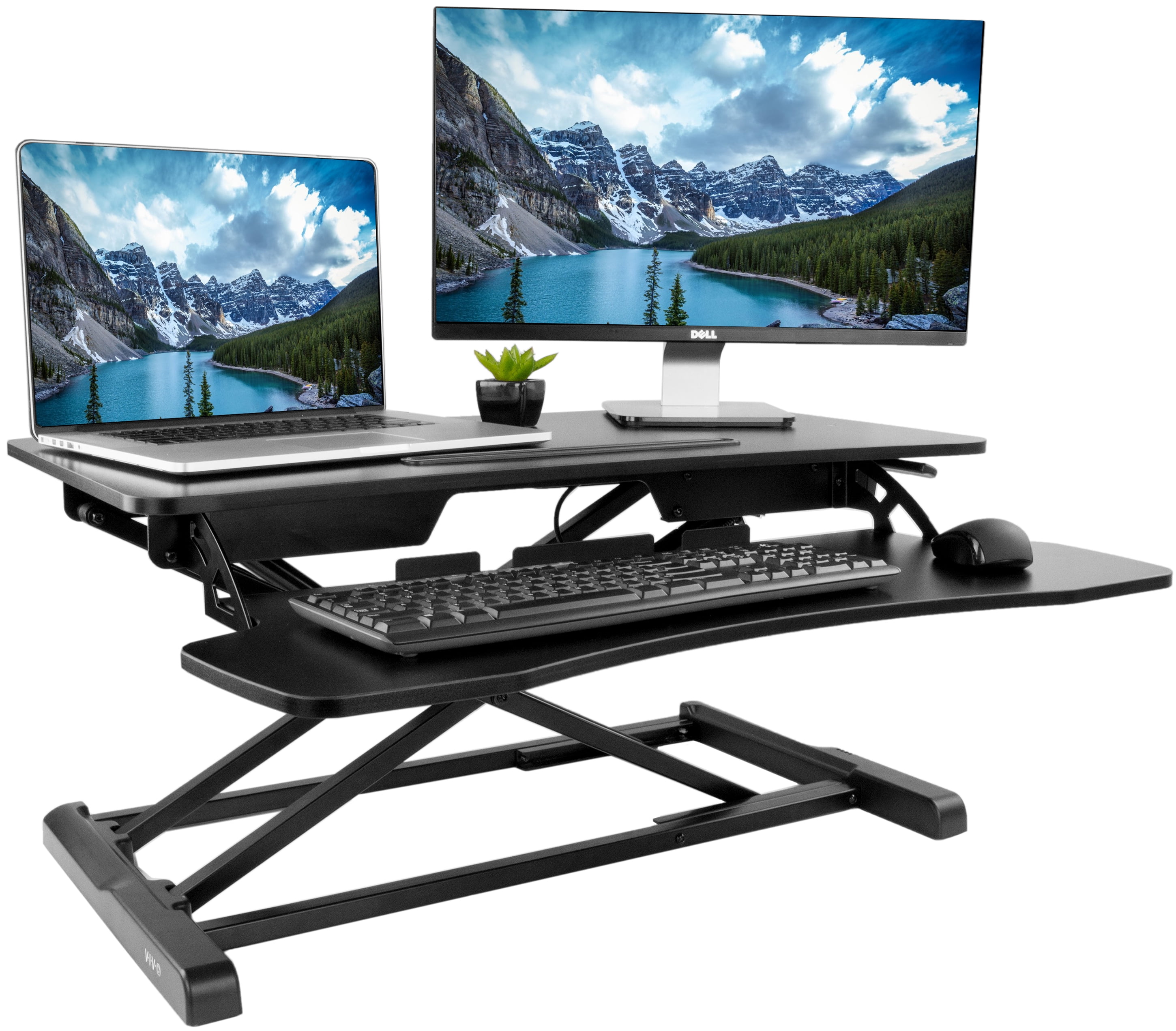 Black Standing Desk Converter 32 inch Height Adjustable Sit to Stand Workstation with Keyboard Tray for Two Monitors 