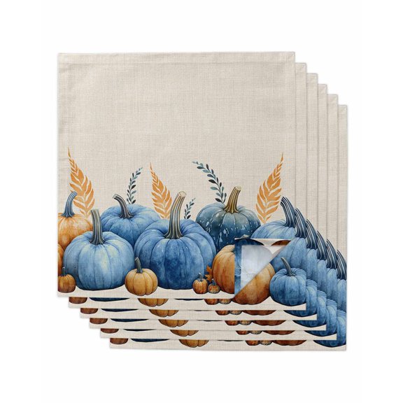 Blue Pumpkin Fall Cloth Napkins Set of 6 Reusable Dinner Napkins, Thanksgiving Botanical Beige Cocktail Napkin Washable Table Napkins for Wedding/Holiday Party/Baby Shower 20"x20"